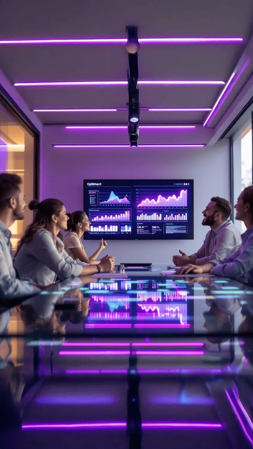 The Optimect team reviewing performance data together in a meeting room